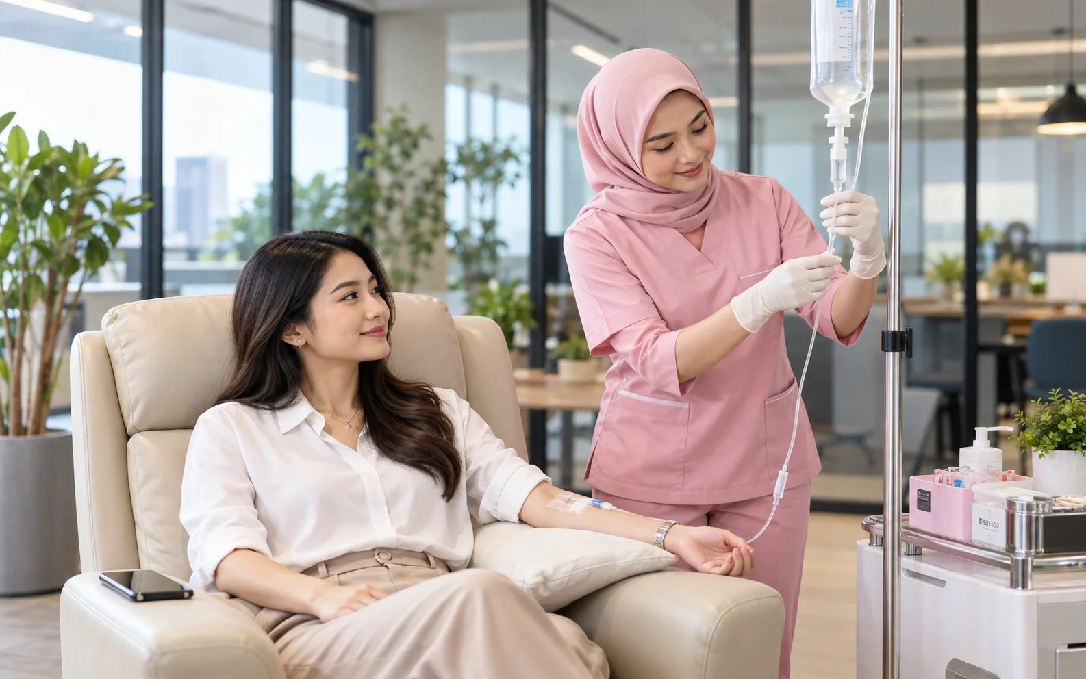 Perawat berhijab Salam Homecare memberikan layanan infus di kantor